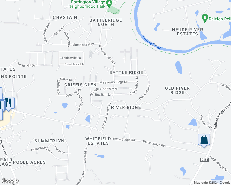 map of restaurants, bars, coffee shops, grocery stores, and more near 3821 Mackinac Island Lane in Raleigh