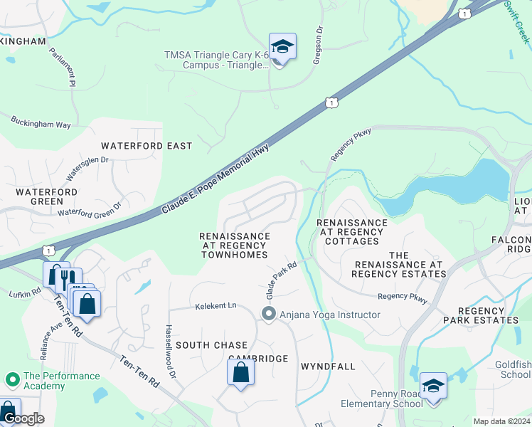 map of restaurants, bars, coffee shops, grocery stores, and more near 1301-1399 English Cottage Lane in Cary