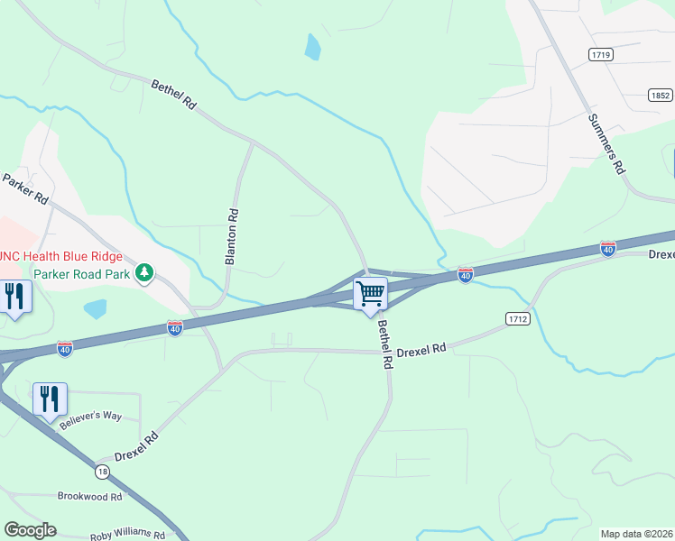 map of restaurants, bars, coffee shops, grocery stores, and more near 1438 Bethel Road in Morganton