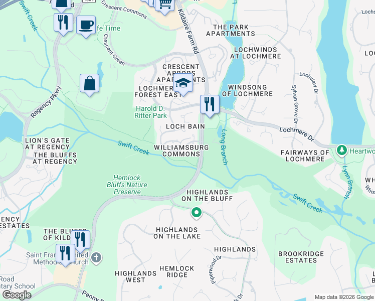 map of restaurants, bars, coffee shops, grocery stores, and more near 113 Palace Green in Cary