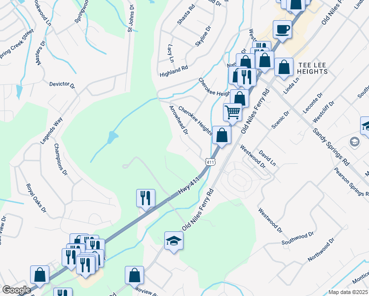 map of restaurants, bars, coffee shops, grocery stores, and more near 119 Sundance Road in Maryville