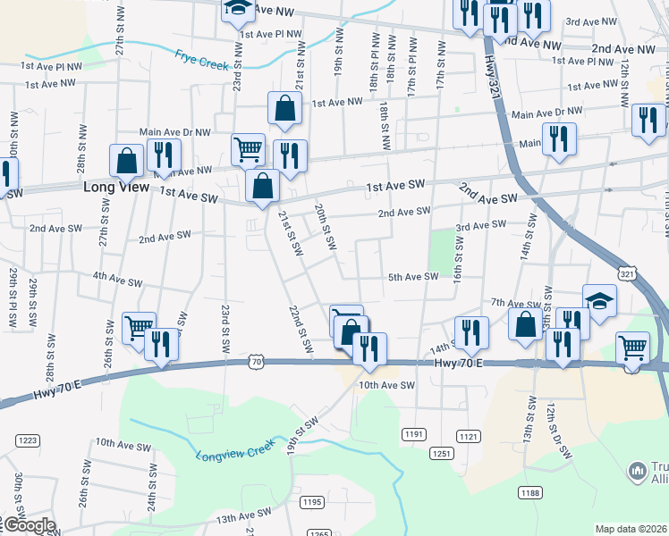 map of restaurants, bars, coffee shops, grocery stores, and more near 517 21st Street Southwest in Hickory