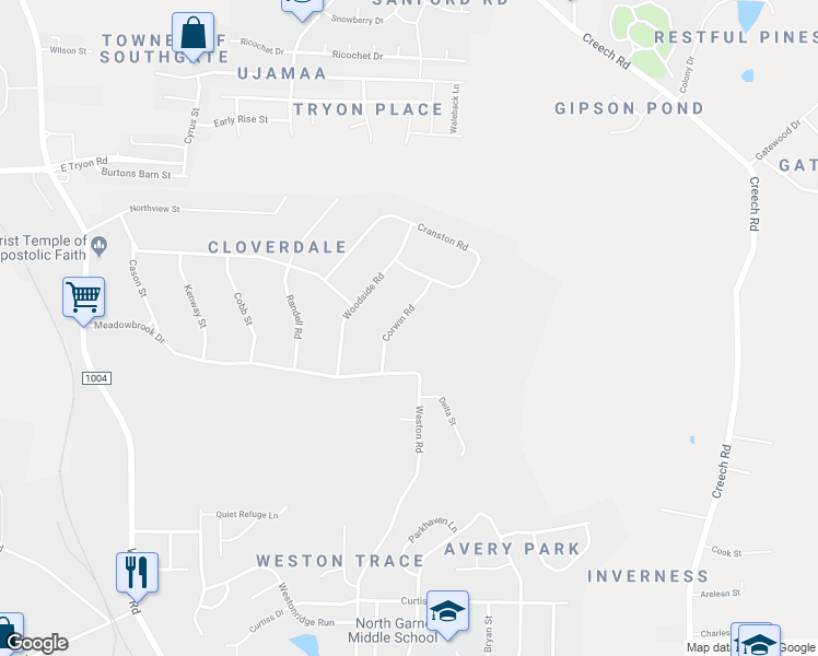 map of restaurants, bars, coffee shops, grocery stores, and more near 3827 Corwin Road in Garner