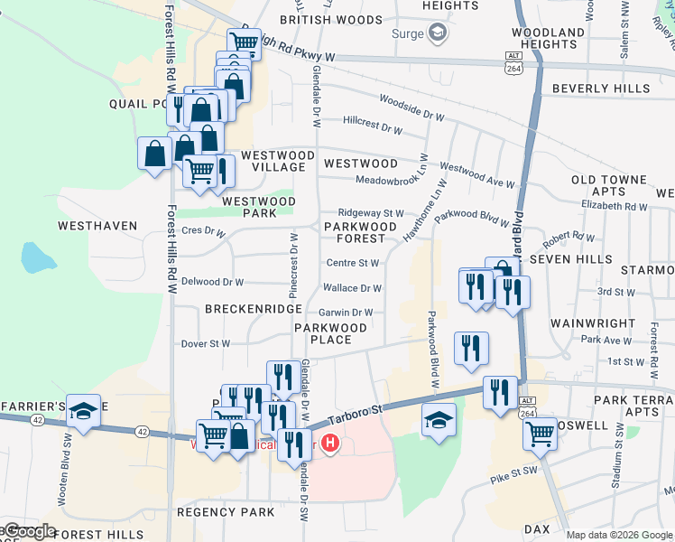 map of restaurants, bars, coffee shops, grocery stores, and more near 1715 Wallace Drive West in Wilson