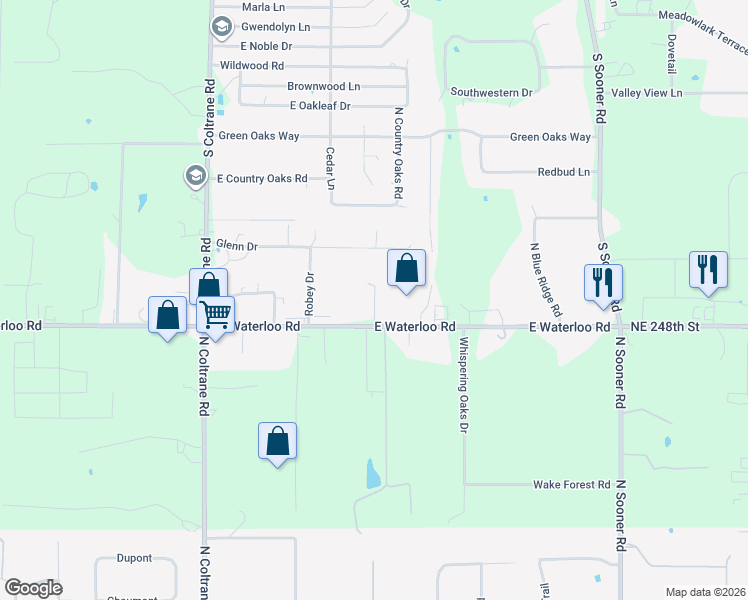 map of restaurants, bars, coffee shops, grocery stores, and more near 6917 Highwater Circle in Edmond