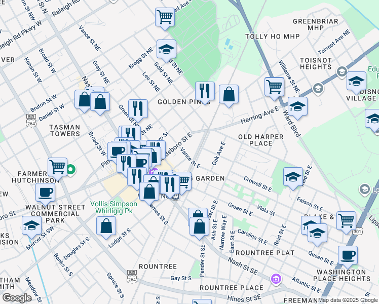 map of restaurants, bars, coffee shops, grocery stores, and more near 210 Douglas Street East in Wilson