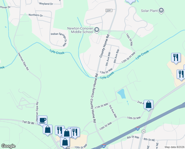 map of restaurants, bars, coffee shops, grocery stores, and more near 1205 County Home Road in Conover