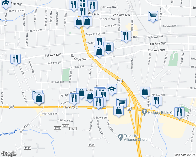 map of restaurants, bars, coffee shops, grocery stores, and more near 1298 5th Avenue Southwest in Hickory