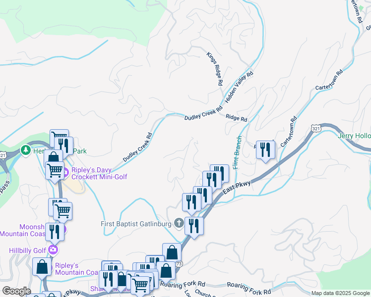 map of restaurants, bars, coffee shops, grocery stores, and more near 306 West Pinnacle Drive in Gatlinburg