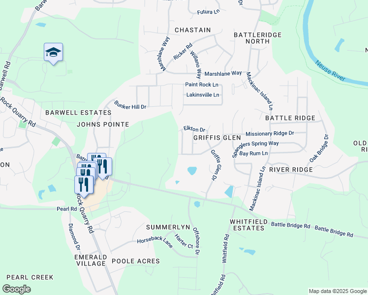 map of restaurants, bars, coffee shops, grocery stores, and more near 3831 Chehaw Drive in Raleigh