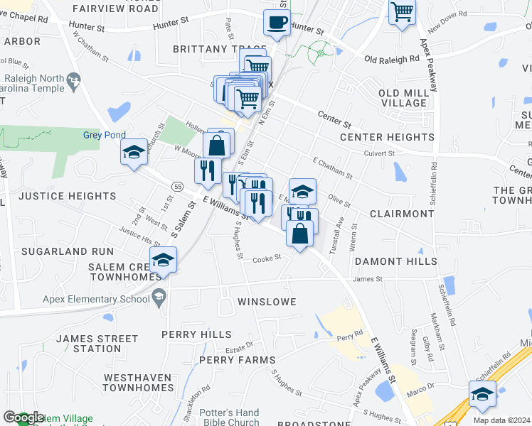 map of restaurants, bars, coffee shops, grocery stores, and more near 312 South Mason Street in Apex