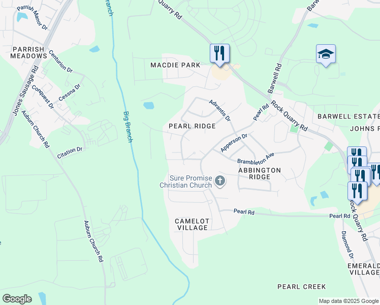 map of restaurants, bars, coffee shops, grocery stores, and more near 5607 Sojourn Drive in Raleigh