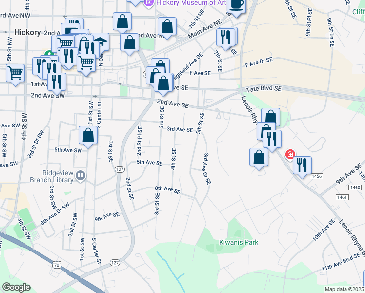 map of restaurants, bars, coffee shops, grocery stores, and more near 320 4th Street Southeast in Hickory
