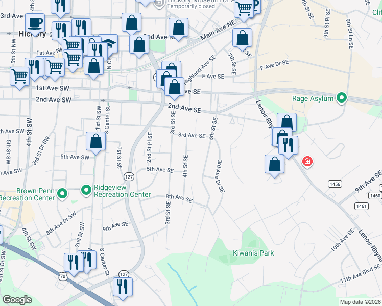 map of restaurants, bars, coffee shops, grocery stores, and more near 320 4th Street Southeast in Hickory