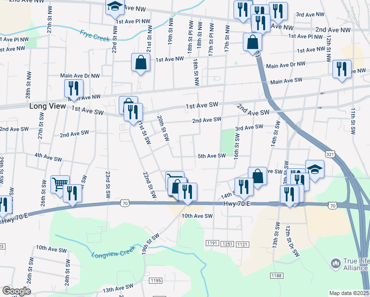 map of restaurants, bars, coffee shops, grocery stores, and more near 304 19th Street Southwest in Hickory