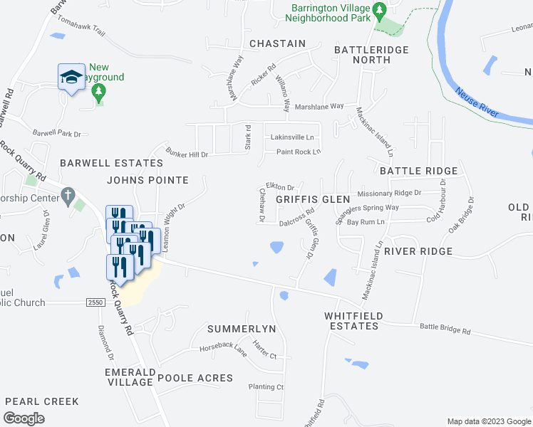 map of restaurants, bars, coffee shops, grocery stores, and more near 3831 Chehaw Drive in Raleigh