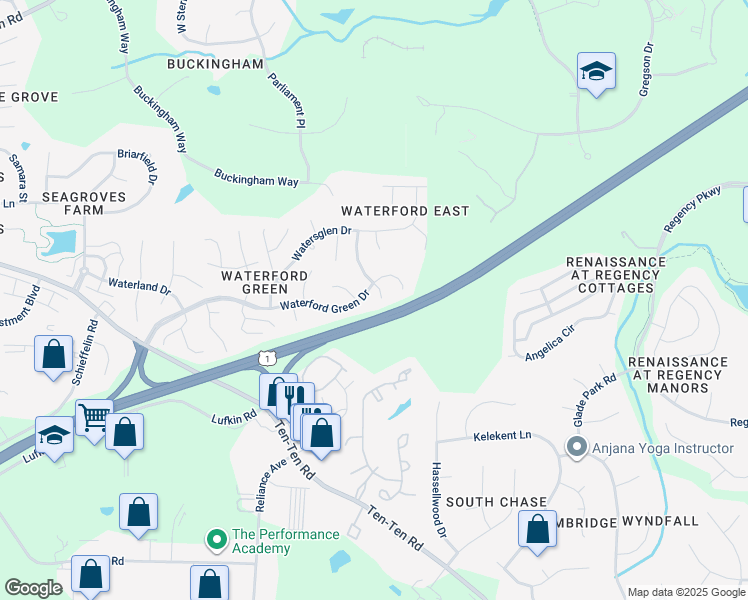 map of restaurants, bars, coffee shops, grocery stores, and more near 2302 Fordcrest Drive in Apex
