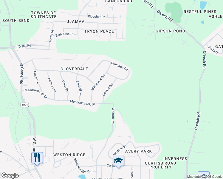 map of restaurants, bars, coffee shops, grocery stores, and more near 3816 Corwin Road in Garner