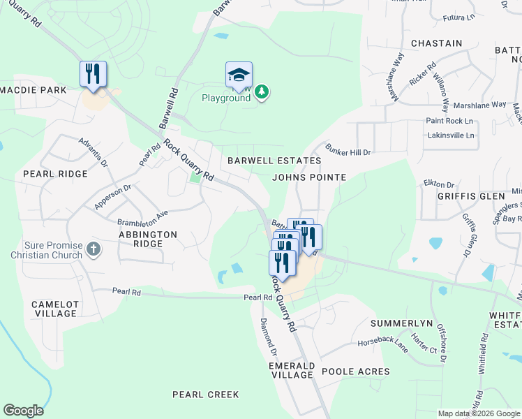 map of restaurants, bars, coffee shops, grocery stores, and more near State Road 2542 in Raleigh