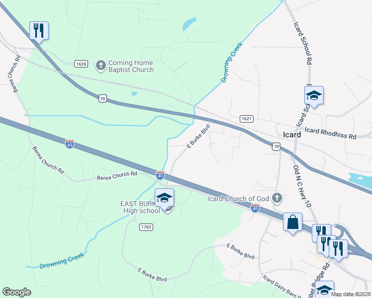 map of restaurants, bars, coffee shops, grocery stores, and more near 3184 East Burke Boulevard in Connelly Springs