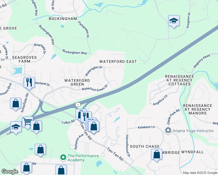 map of restaurants, bars, coffee shops, grocery stores, and more near 2302 Fordcrest Drive in Apex