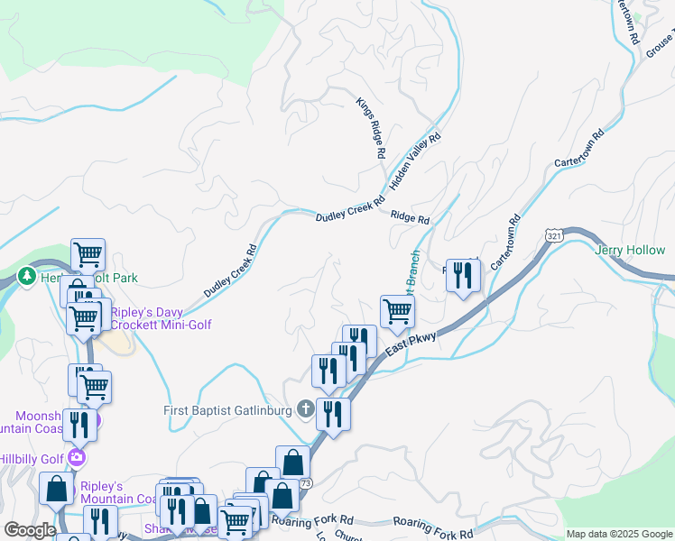 map of restaurants, bars, coffee shops, grocery stores, and more near 289 Laurel Oaks Way in Gatlinburg