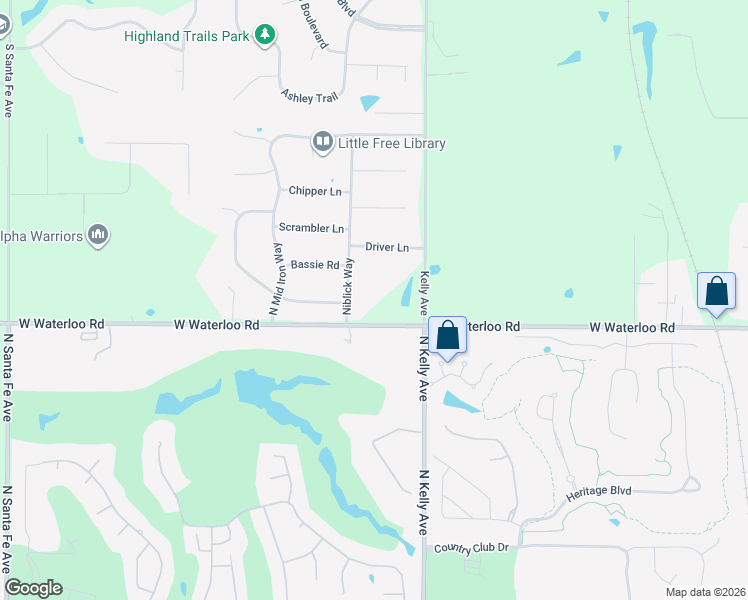 map of restaurants, bars, coffee shops, grocery stores, and more near 1101 West Waterloo Road in Edmond