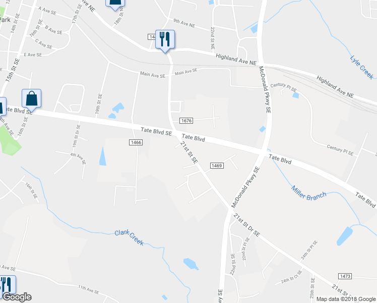 map of restaurants, bars, coffee shops, grocery stores, and more near 321 21st Street Southeast in Hickory