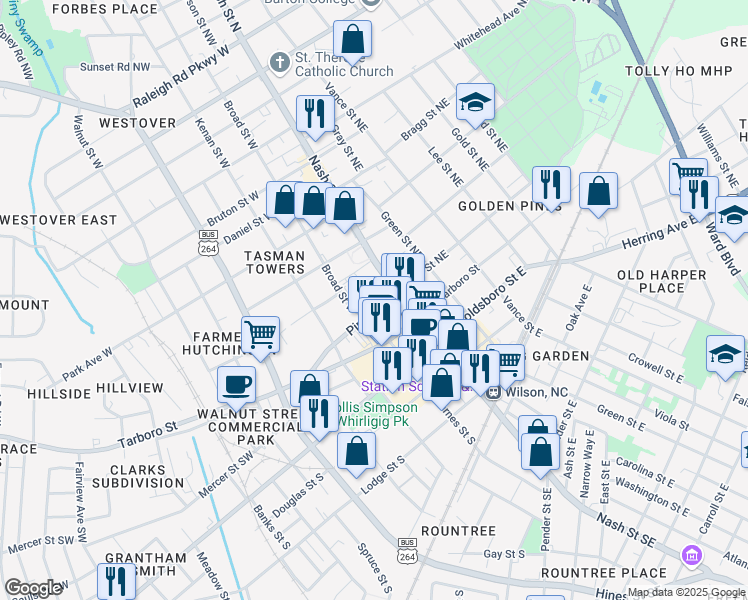 map of restaurants, bars, coffee shops, grocery stores, and more near 223 Nash Street North in Wilson