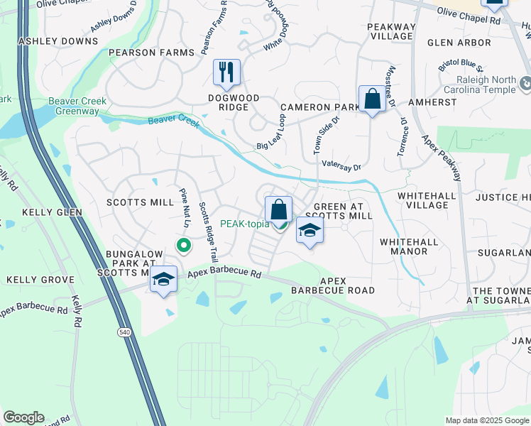 map of restaurants, bars, coffee shops, grocery stores, and more near 1405 Town Home Drive in Apex