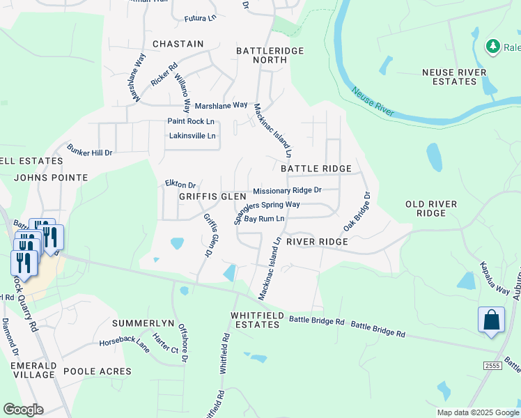 map of restaurants, bars, coffee shops, grocery stores, and more near 7020 Spanglers Spring Way in Raleigh