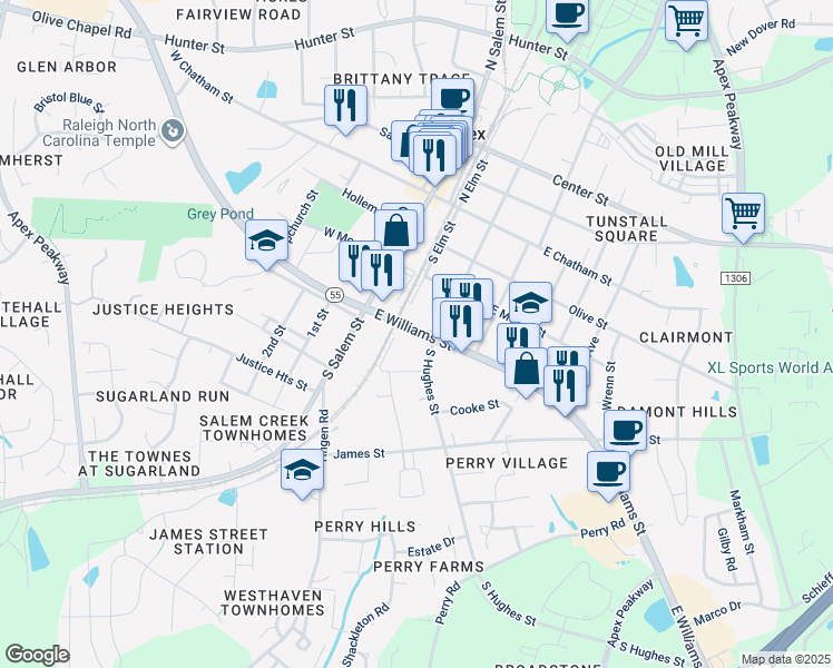 map of restaurants, bars, coffee shops, grocery stores, and more near Williams Grove Lane in Apex