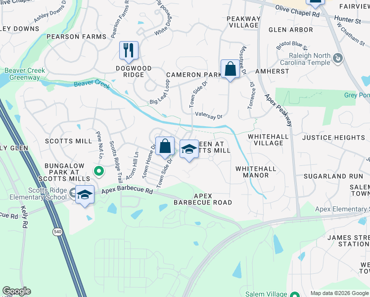 map of restaurants, bars, coffee shops, grocery stores, and more near 1206 Town Side Drive in Apex
