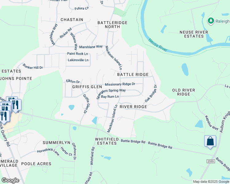 map of restaurants, bars, coffee shops, grocery stores, and more near 7036 Spanglers Spring Way in Raleigh