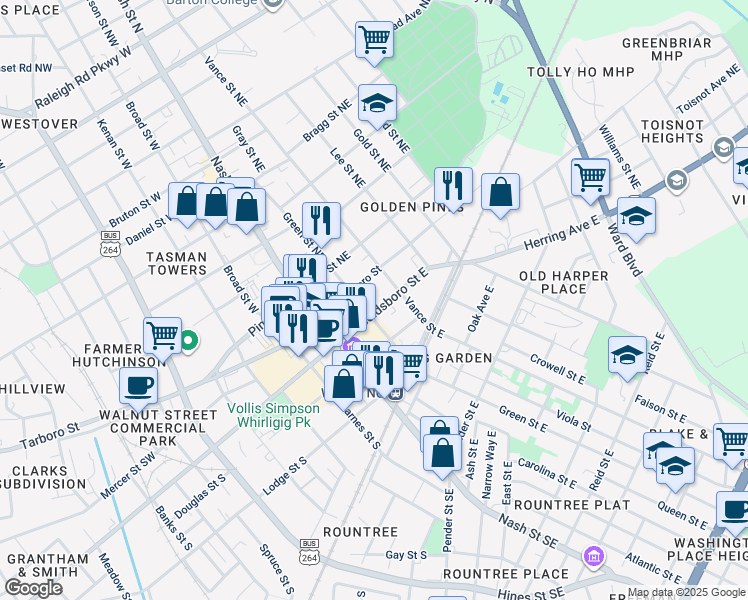 map of restaurants, bars, coffee shops, grocery stores, and more near 100 Vance Street East in Wilson