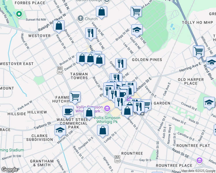 map of restaurants, bars, coffee shops, grocery stores, and more near 223 Nash Street North in Wilson