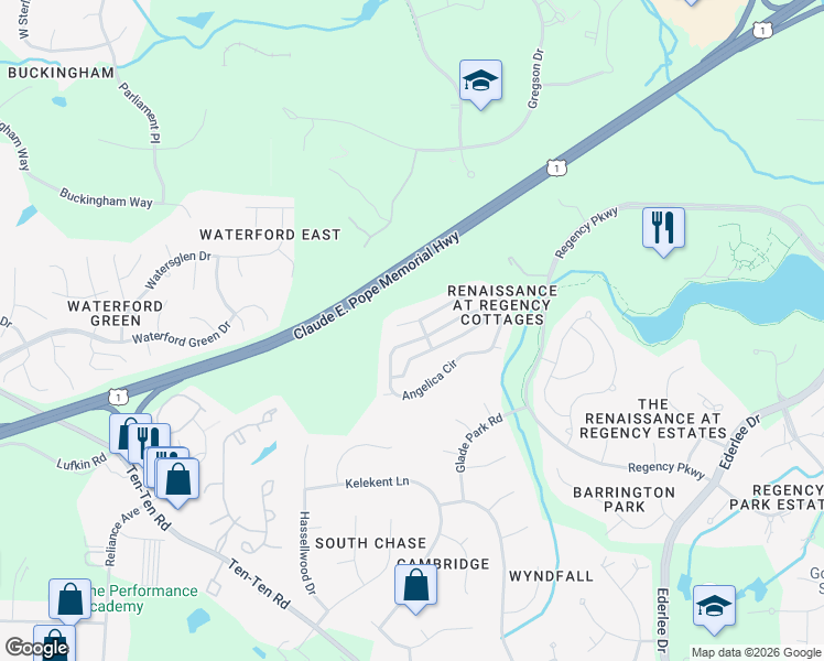 map of restaurants, bars, coffee shops, grocery stores, and more near 960 Regency Cottage Place in Cary
