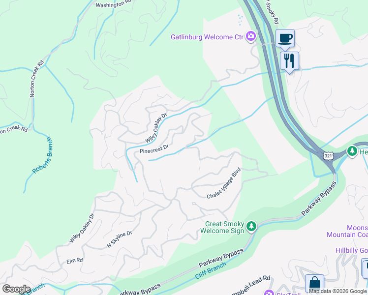 map of restaurants, bars, coffee shops, grocery stores, and more near 844 Crooked Ridge Road in Gatlinburg