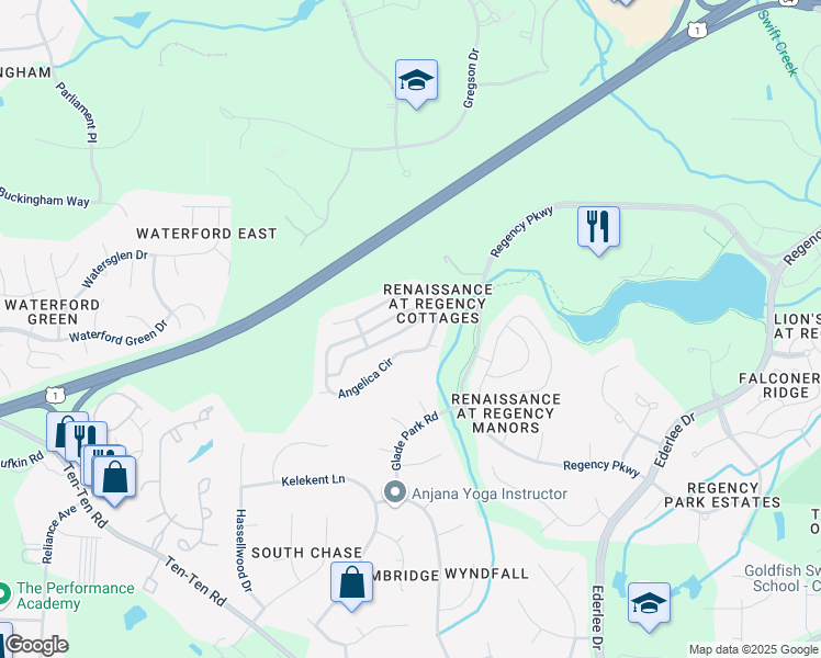 map of restaurants, bars, coffee shops, grocery stores, and more near 1355 English Cottage Lane in Cary
