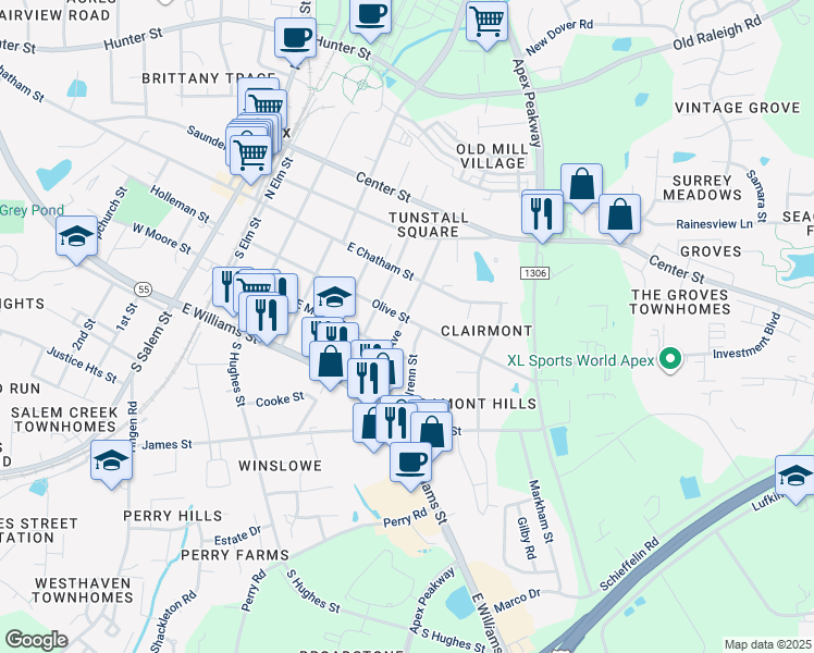 map of restaurants, bars, coffee shops, grocery stores, and more near 201 South Tunstall Avenue in Apex