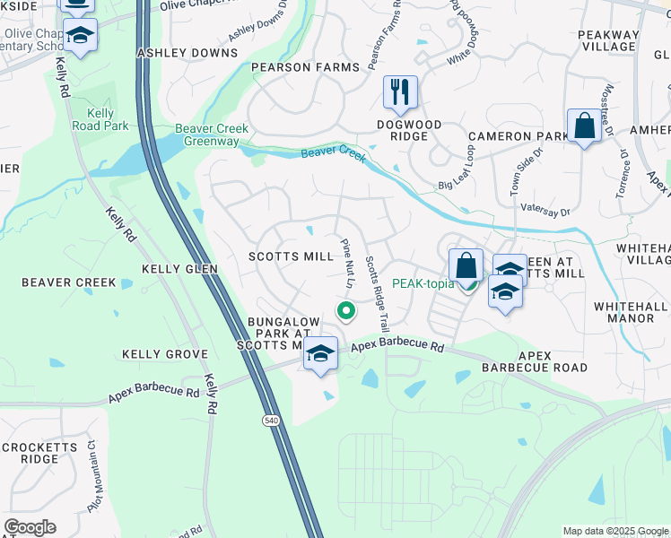 map of restaurants, bars, coffee shops, grocery stores, and more near 310 Burnt Pine Court in Apex