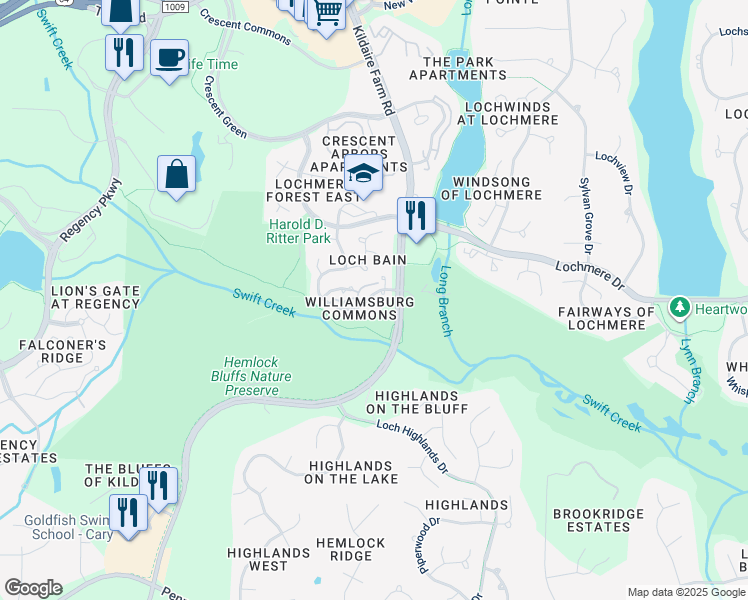 map of restaurants, bars, coffee shops, grocery stores, and more near 109 Palace Green in Cary