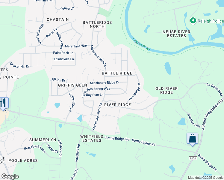 map of restaurants, bars, coffee shops, grocery stores, and more near 7112 Spanglers Spring Way in Raleigh