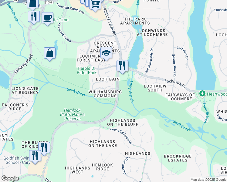 map of restaurants, bars, coffee shops, grocery stores, and more near 103 Palace Green in Cary