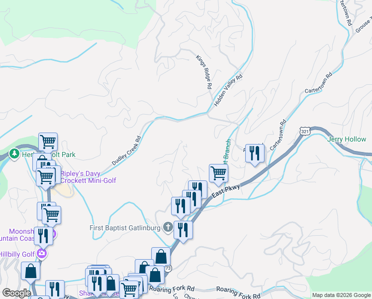 map of restaurants, bars, coffee shops, grocery stores, and more near 289 Laurel Oaks Way in Gatlinburg