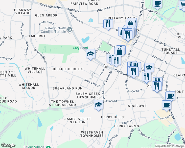 map of restaurants, bars, coffee shops, grocery stores, and more near 306 Baucom Street in Apex