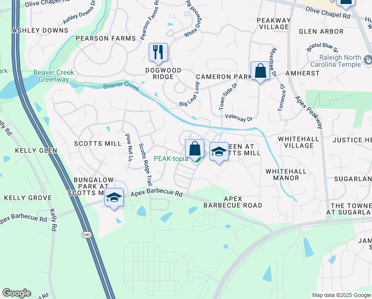 map of restaurants, bars, coffee shops, grocery stores, and more near 1395 Town Home Drive in Apex