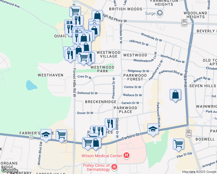 map of restaurants, bars, coffee shops, grocery stores, and more near 1803 Windsor Street West in Wilson