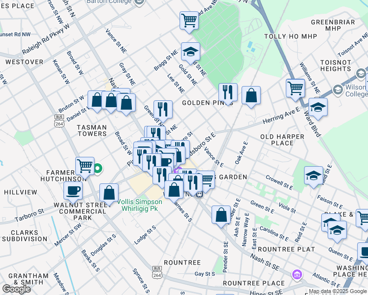 map of restaurants, bars, coffee shops, grocery stores, and more near 100 Green Street Northeast in Wilson