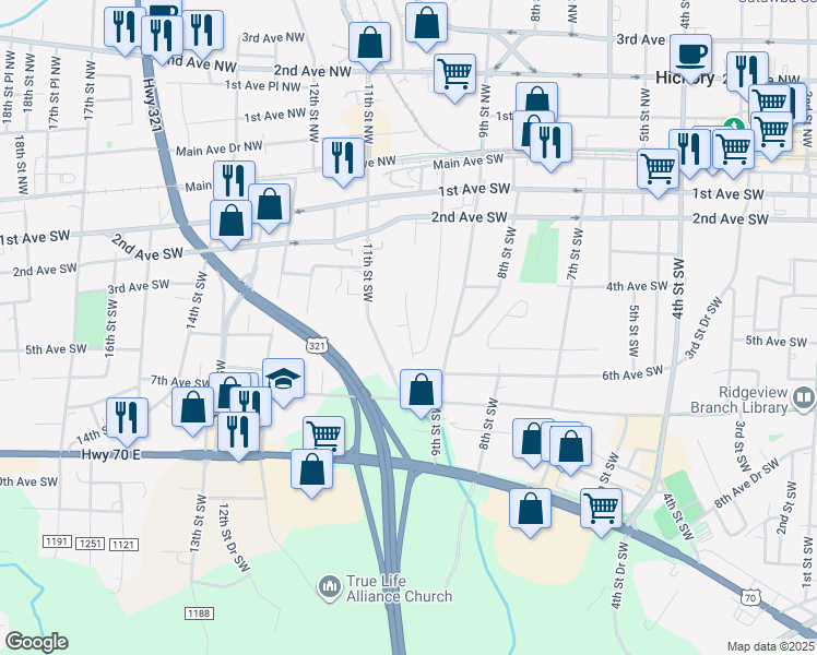 map of restaurants, bars, coffee shops, grocery stores, and more near Butler Mobile Home Court in Hickory